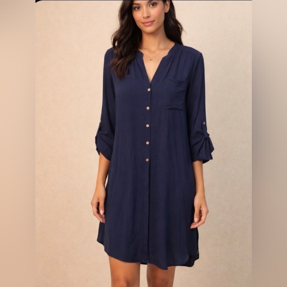 Chico's Navy Button Front V Neckline Mini Dress Large (7866)